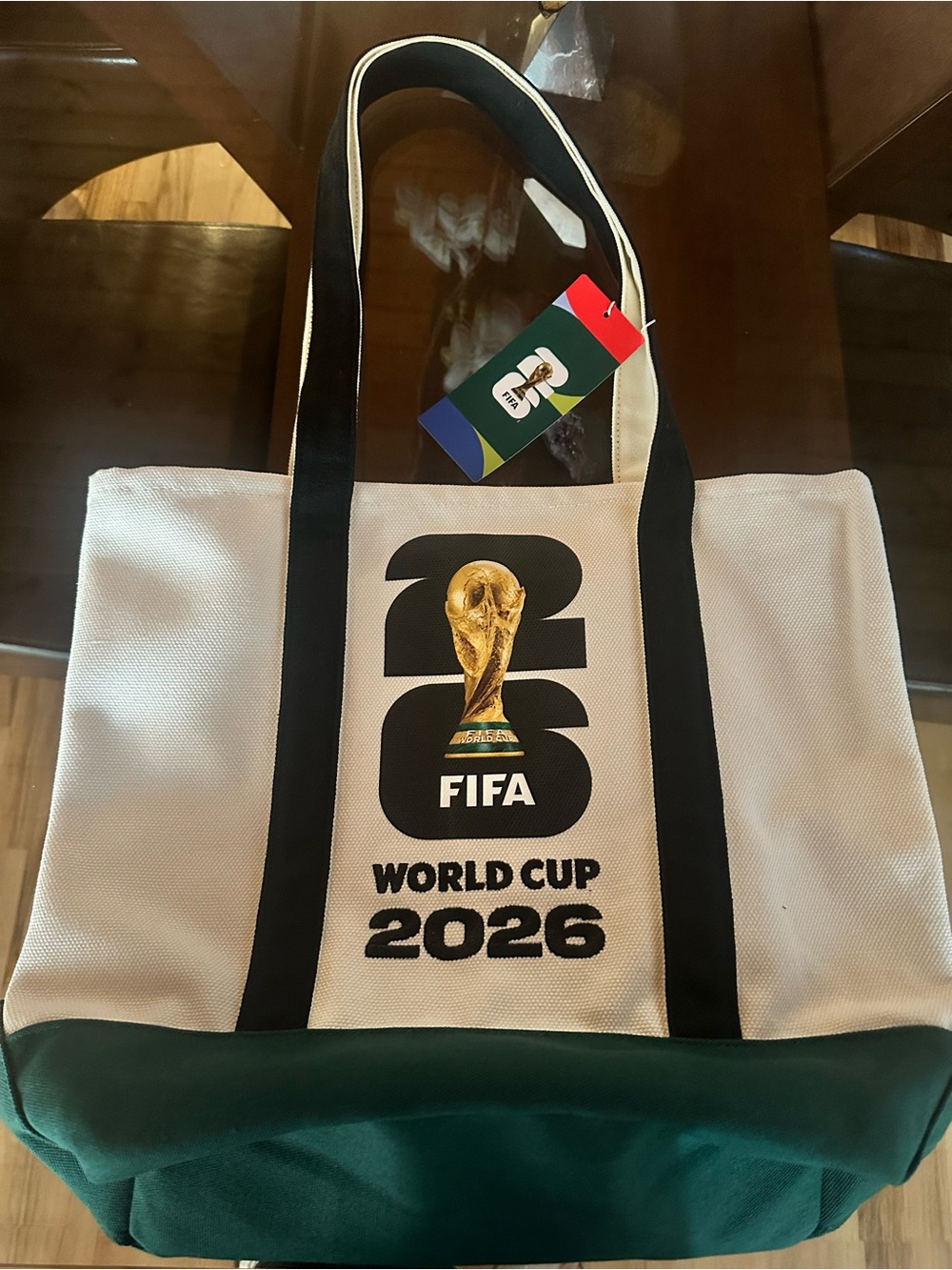 FIFA World Cup 2026 White & Green Canvas Tote Bag with Black Straps